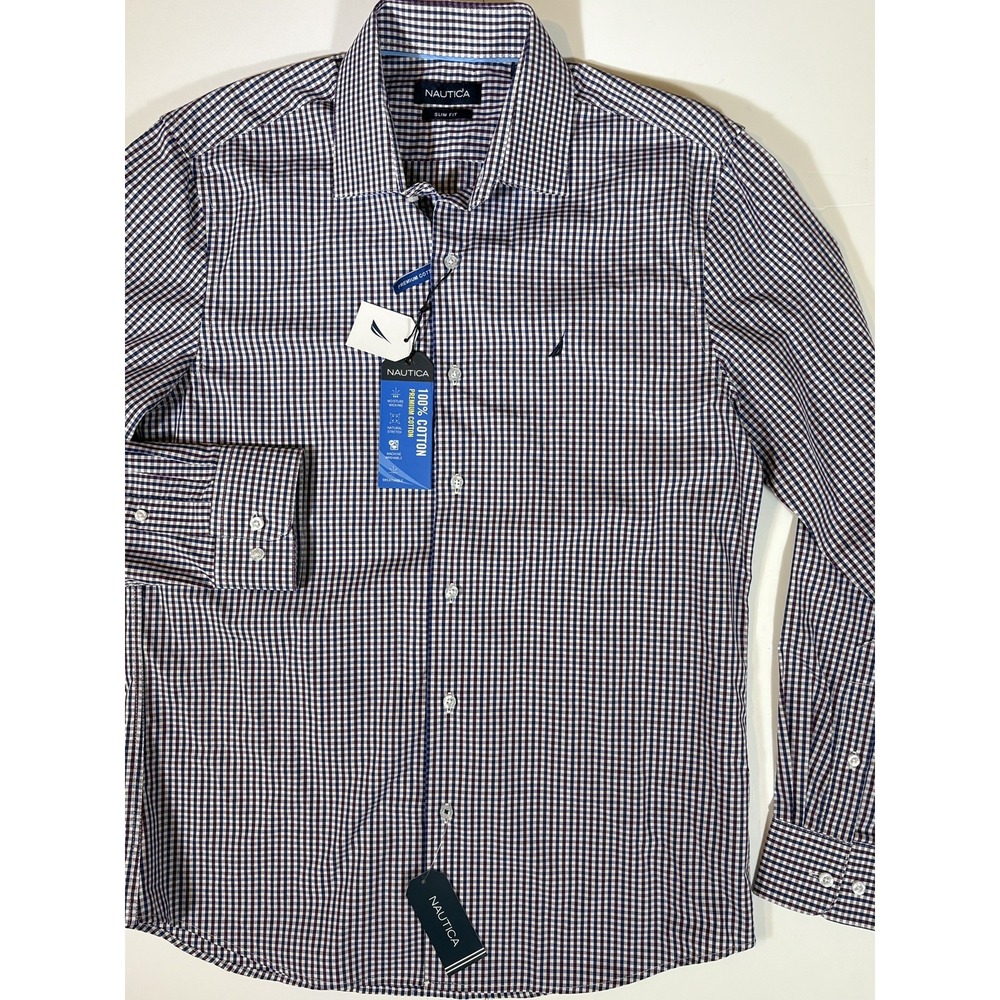 Nautica Slim Fit Button Up Shirt Mens Wht, Pur,BluePlaid Stretch Medium